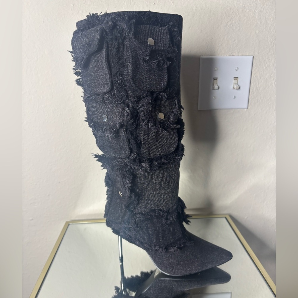 Black Frayed Knee-High Boots